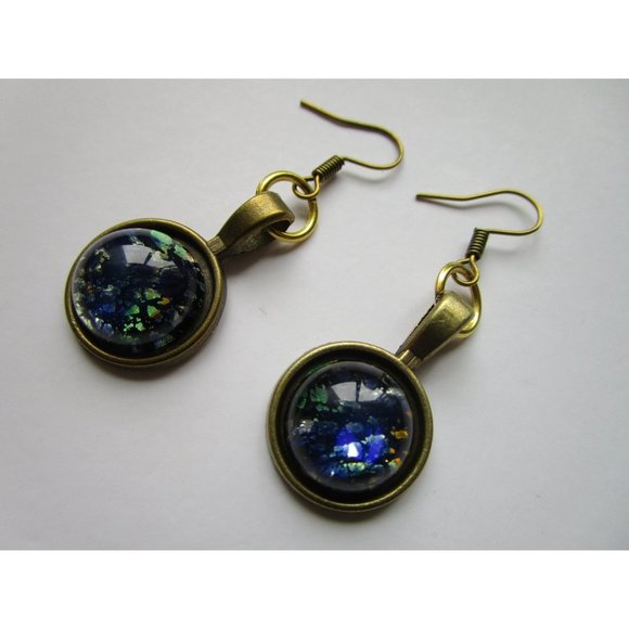 Bronze nickel free blue gold galaxy earrings - stainless steel nickel free hook - Picture 5 of 9